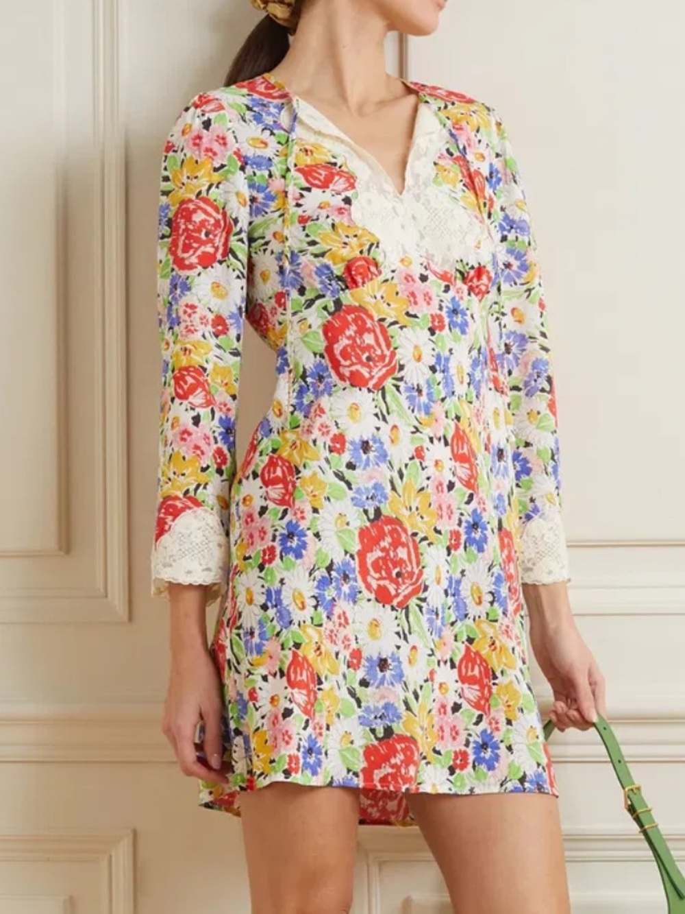 RIXO Multi Floral Lace-Trim Mini Dress
